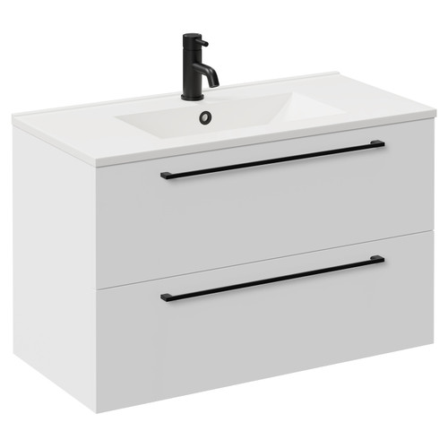 Napoli Gloss White 800mm Wall Mounted Vanity Unit with 1 Tap Hole Minimalist Basin and 2 Drawers with Matt Black Handles Left Hand View