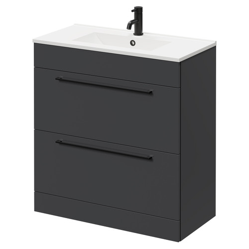 Napoli Gloss Grey 800mm Floor Standing Vanity Unit with 1 Tap Hole Minimalist Basin and 2 Drawers with Matt Black Handles Right Hand View