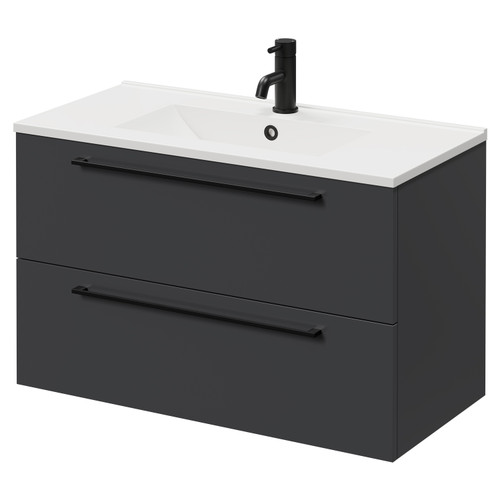 Napoli Gloss Grey 800mm Wall Mounted Vanity Unit with 1 Tap Hole Minimalist Basin and 2 Drawers with Matt Black Handles Right Hand View