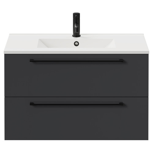 Napoli Gloss Grey 800mm Wall Mounted Vanity Unit with 1 Tap Hole Minimalist Basin and 2 Drawers with Matt Black Handles Front View