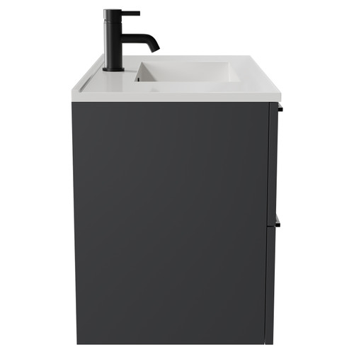 Napoli Gloss Grey 800mm Wall Mounted Vanity Unit with 1 Tap Hole Minimalist Basin and 2 Drawers with Matt Black Handles Side View