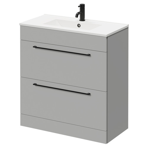 Napoli Gloss Grey Pearl 800mm Floor Standing Vanity Unit with 1 Tap Hole Minimalist Basin and 2 Drawers with Matt Black Handles Right Hand View