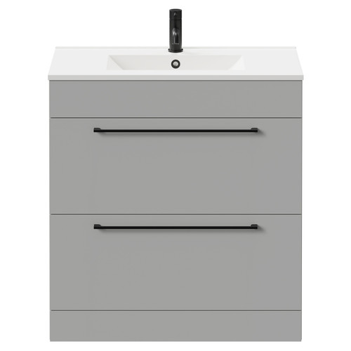 Napoli Gloss Grey Pearl 800mm Floor Standing Vanity Unit with 1 Tap Hole Minimalist Basin and 2 Drawers with Matt Black Handles Front View