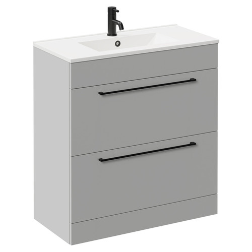 Napoli Gloss Grey Pearl 800mm Floor Standing Vanity Unit with 1 Tap Hole Minimalist Basin and 2 Drawers with Matt Black Handles Left Hand View