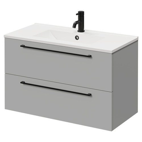 Napoli Gloss Grey Pearl 800mm Wall Mounted Vanity Unit with 1 Tap Hole Minimalist Basin and 2 Drawers with Matt Black Handles Right Hand View