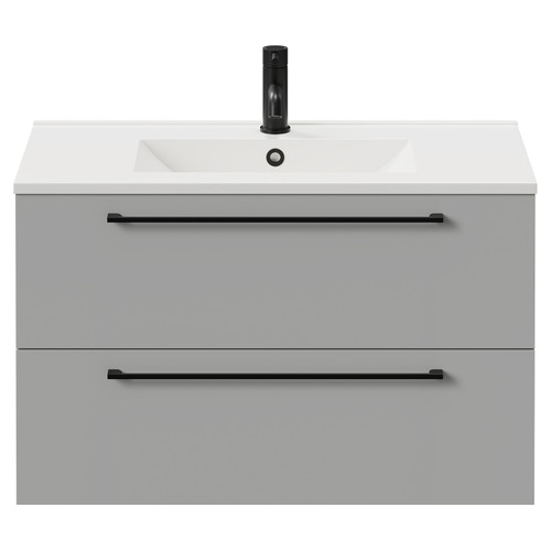 Napoli Gloss Grey Pearl 800mm Wall Mounted Vanity Unit with 1 Tap Hole Minimalist Basin and 2 Drawers with Matt Black Handles Front View