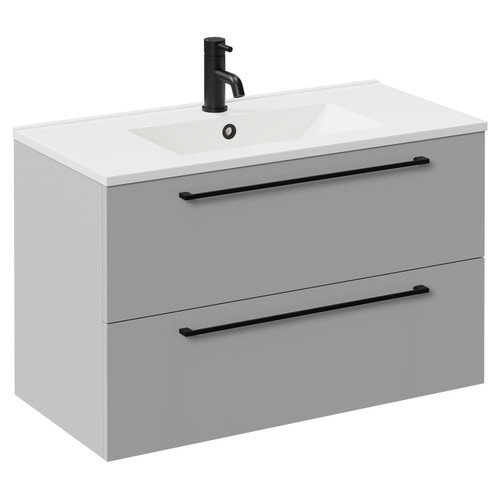 Napoli Gloss Grey Pearl 800mm Wall Mounted Vanity Unit with 1 Tap Hole Minimalist Basin and 2 Drawers with Matt Black Handles Left Hand View