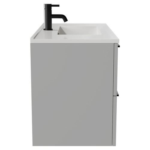Napoli Gloss Grey Pearl 800mm Wall Mounted Vanity Unit with 1 Tap Hole Minimalist Basin and 2 Drawers with Matt Black Handles Side View