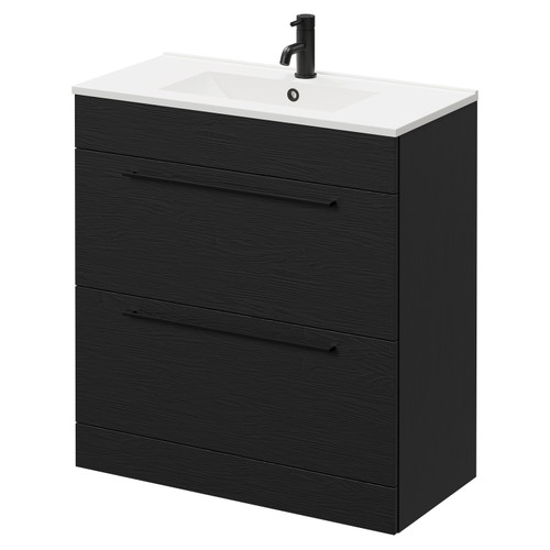 Napoli Nero Oak 800mm Floor Standing Vanity Unit with 1 Tap Hole Minimalist Basin and 2 Drawers with Matt Black Handles Right Hand View