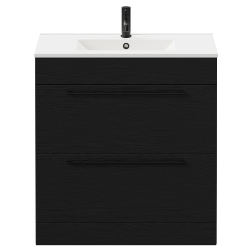 Napoli Nero Oak 800mm Floor Standing Vanity Unit with 1 Tap Hole Minimalist Basin and 2 Drawers with Matt Black Handles Front View