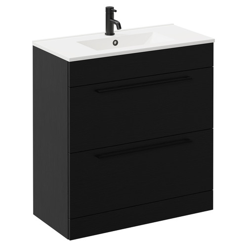 Napoli Nero Oak 800mm Floor Standing Vanity Unit with 1 Tap Hole Minimalist Basin and 2 Drawers with Matt Black Handles Left Hand View