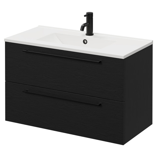 Napoli Nero Oak 800mm Wall Mounted Vanity Unit with 1 Tap Hole Minimalist Basin and 2 Drawers with Matt Black Handles Right Hand View