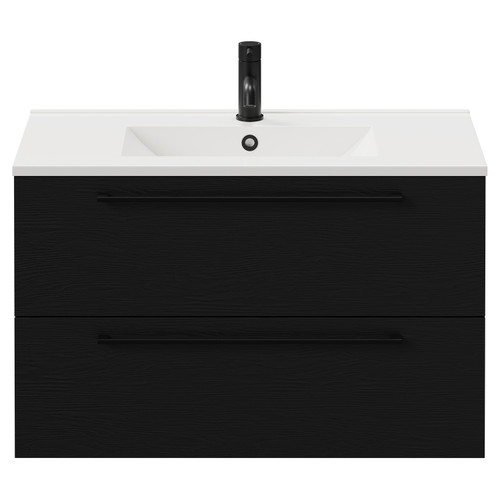 Napoli Nero Oak 800mm Wall Mounted Vanity Unit with 1 Tap Hole Minimalist Basin and 2 Drawers with Matt Black Handles Front View