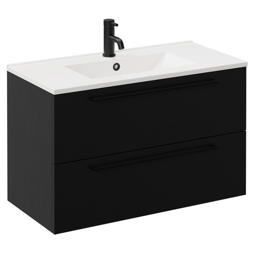 Napoli Nero Oak 800mm Wall Mounted Vanity Unit with 1 Tap Hole Minimalist Basin and 2 Drawers with Matt Black Handles Left Hand View