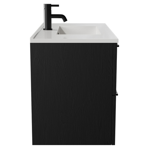 Napoli Nero Oak 800mm Wall Mounted Vanity Unit with 1 Tap Hole Minimalist Basin and 2 Drawers with Matt Black Handles Side View