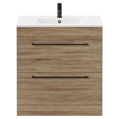 Napoli Bordalino Oak 800mm Floor Standing Vanity Unit with 1 Tap Hole Minimalist Basin and 2 Drawers with Matt Black Handles Front View