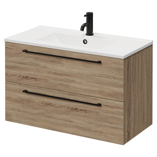Napoli Bordalino Oak 800mm Wall Mounted Vanity Unit with 1 Tap Hole Minimalist Basin and 2 Drawers with Matt Black Handles Right Hand View