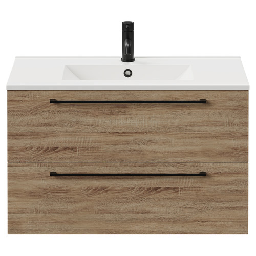 Napoli Bordalino Oak 800mm Wall Mounted Vanity Unit with 1 Tap Hole Minimalist Basin and 2 Drawers with Matt Black Handles Front View