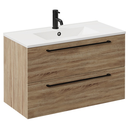 Napoli Bordalino Oak 800mm Wall Mounted Vanity Unit with 1 Tap Hole Minimalist Basin and 2 Drawers with Matt Black Handles Left Hand View