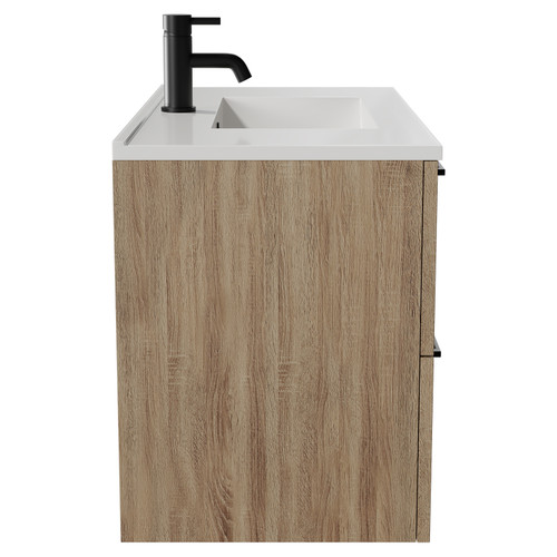Napoli Bordalino Oak 800mm Wall Mounted Vanity Unit with 1 Tap Hole Minimalist Basin and 2 Drawers with Matt Black Handles Side View