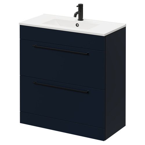 Napoli Deep Blue 800mm Floor Standing Vanity Unit with 1 Tap Hole Minimalist Basin and 2 Drawers with Matt Black Handles Right Hand View