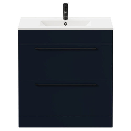 Napoli Deep Blue 800mm Floor Standing Vanity Unit with 1 Tap Hole Minimalist Basin and 2 Drawers with Matt Black Handles Front View