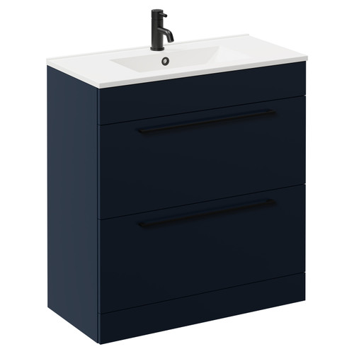 Napoli Deep Blue 800mm Floor Standing Vanity Unit with 1 Tap Hole Minimalist Basin and 2 Drawers with Matt Black Handles Left Hand View
