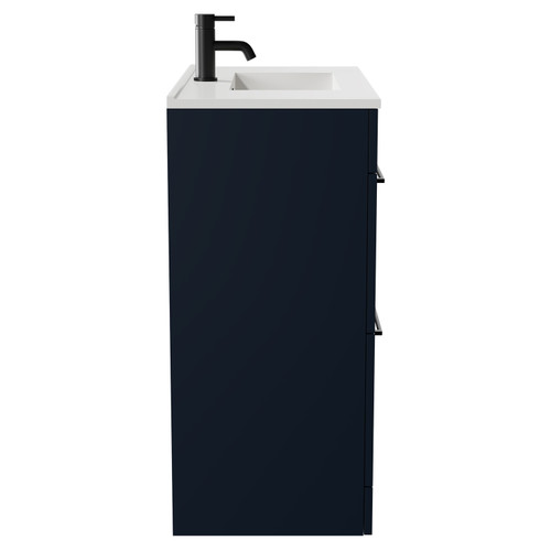 Napoli Deep Blue 800mm Floor Standing Vanity Unit with 1 Tap Hole Minimalist Basin and 2 Drawers with Matt Black Handles Side View