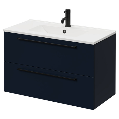 Napoli Deep Blue 800mm Wall Mounted Vanity Unit with 1 Tap Hole Minimalist Basin and 2 Drawers with Matt Black Handles Right Hand View