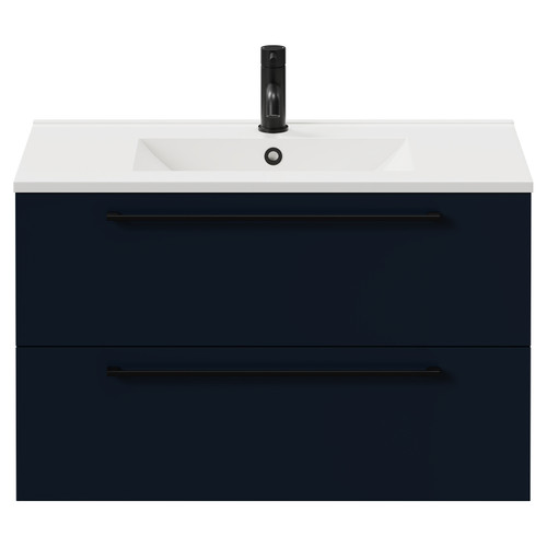 Napoli Deep Blue 800mm Wall Mounted Vanity Unit with 1 Tap Hole Minimalist Basin and 2 Drawers with Matt Black Handles Front View