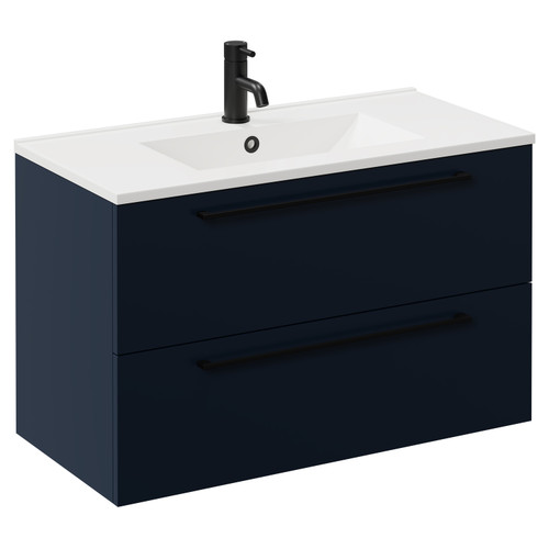 Napoli Deep Blue 800mm Wall Mounted Vanity Unit with 1 Tap Hole Minimalist Basin and 2 Drawers with Matt Black Handles Left Hand View