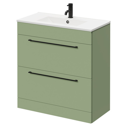 Napoli Olive Green 800mm Floor Standing Vanity Unit with 1 Tap Hole Minimalist Basin and 2 Drawers with Matt Black Handles Right Hand View