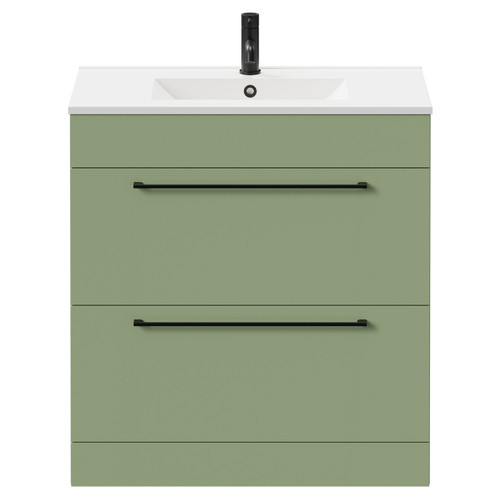Napoli Olive Green 800mm Floor Standing Vanity Unit with 1 Tap Hole Minimalist Basin and 2 Drawers with Matt Black Handles Front View