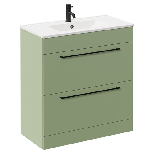 Napoli Olive Green 800mm Floor Standing Vanity Unit with 1 Tap Hole Minimalist Basin and 2 Drawers with Matt Black Handles Left Hand View