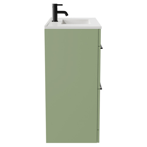 Napoli Olive Green 800mm Floor Standing Vanity Unit with 1 Tap Hole Minimalist Basin and 2 Drawers with Matt Black Handles Side View