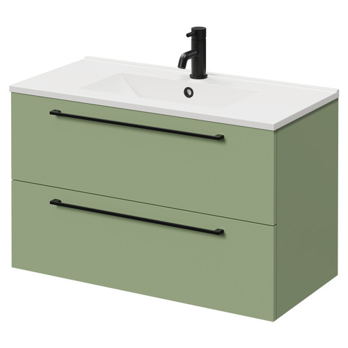 Napoli Olive Green 800mm Wall Mounted Vanity Unit with 1 Tap Hole Minimalist Basin and 2 Drawers with Matt Black Handles Right Hand View