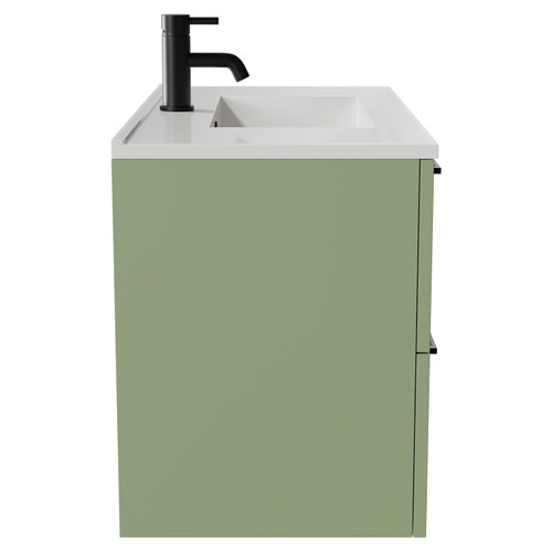 Napoli Olive Green 800mm Wall Mounted Vanity Unit with 1 Tap Hole Minimalist Basin and 2 Drawers with Matt Black Handles Side View
