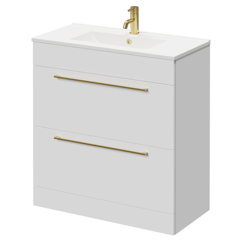 Napoli Gloss White 800mm Floor Standing Vanity Unit with 1 Tap Hole Minimalist Basin and 2 Drawers with Brushed Brass Handles Right Hand View