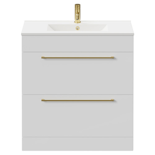 Napoli Gloss White 800mm Floor Standing Vanity Unit with 1 Tap Hole Minimalist Basin and 2 Drawers with Brushed Brass Handles Front View