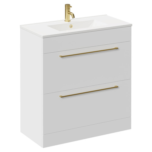 Napoli Gloss White 800mm Floor Standing Vanity Unit with 1 Tap Hole Minimalist Basin and 2 Drawers with Brushed Brass Handles Left Hand View