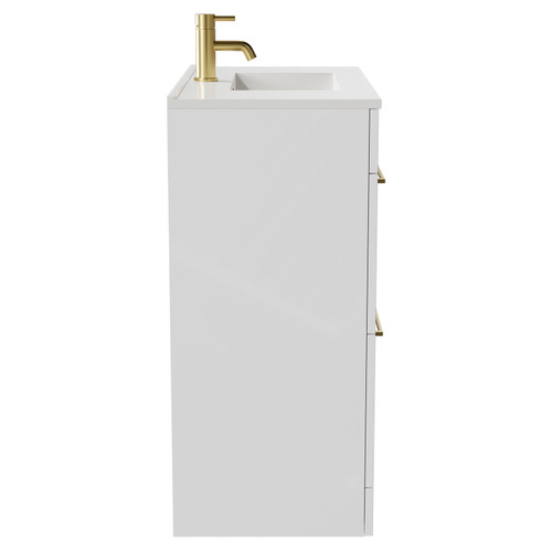 Napoli Gloss White 800mm Floor Standing Vanity Unit with 1 Tap Hole Minimalist Basin and 2 Drawers with Brushed Brass Handles Side View