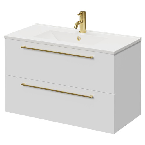 Napoli Gloss White 800mm Wall Mounted Vanity Unit with 1 Tap Hole Minimalist Basin and 2 Drawers with Brushed Brass Handles Right Hand View