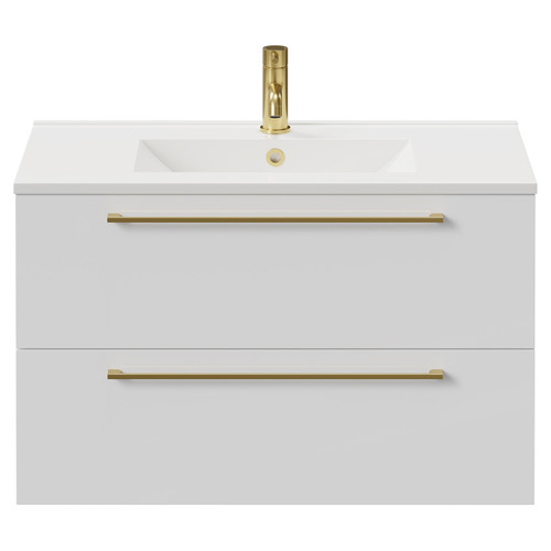 Napoli Gloss White 800mm Wall Mounted Vanity Unit with 1 Tap Hole Minimalist Basin and 2 Drawers with Brushed Brass Handles Front View