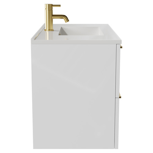 Napoli Gloss White 800mm Wall Mounted Vanity Unit with 1 Tap Hole Minimalist Basin and 2 Drawers with Brushed Brass Handles Side View