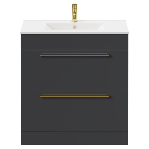 Napoli Gloss Grey 800mm Floor Standing Vanity Unit with 1 Tap Hole Minimalist Basin and 2 Drawers with Brushed Brass Handles Front View