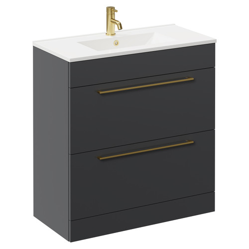 Napoli Gloss Grey 800mm Floor Standing Vanity Unit with 1 Tap Hole Minimalist Basin and 2 Drawers with Brushed Brass Handles Left Hand View