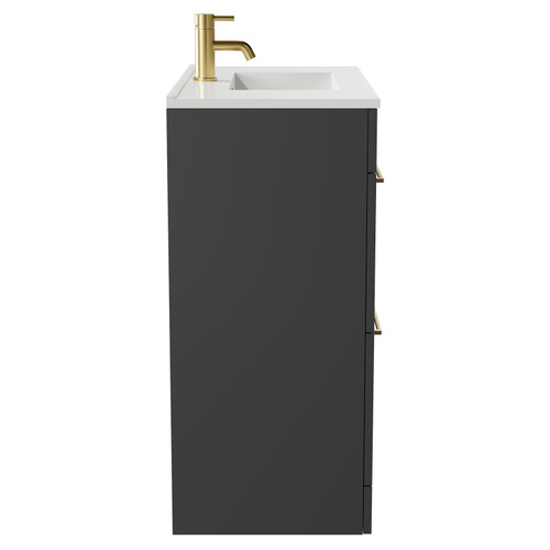 Napoli Gloss Grey 800mm Floor Standing Vanity Unit with 1 Tap Hole Minimalist Basin and 2 Drawers with Brushed Brass Handles Side View