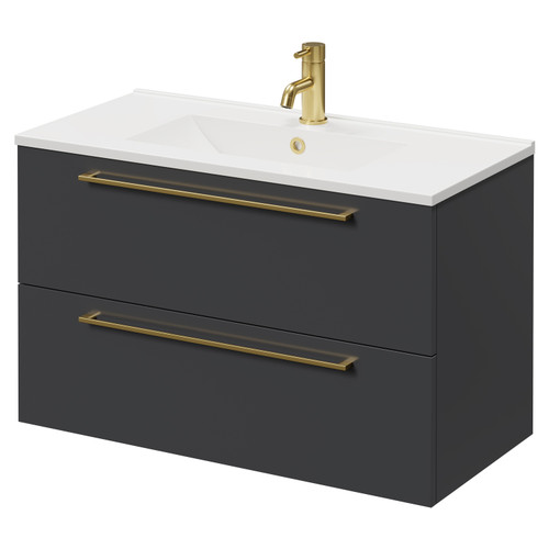 Napoli Gloss Grey 800mm Wall Mounted Vanity Unit with 1 Tap Hole Minimalist Basin and 2 Drawers with Brushed Brass Handles Right Hand View