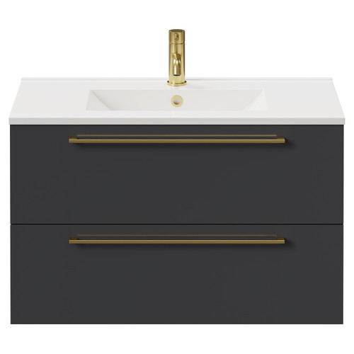 Napoli Gloss Grey 800mm Wall Mounted Vanity Unit with 1 Tap Hole Minimalist Basin and 2 Drawers with Brushed Brass Handles Front View
