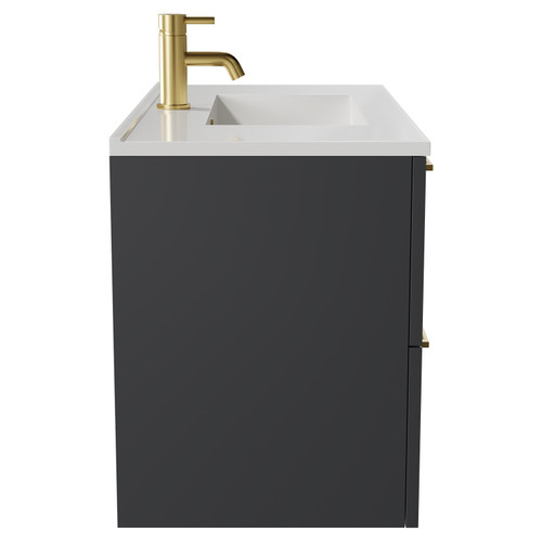 Napoli Gloss Grey 800mm Wall Mounted Vanity Unit with 1 Tap Hole Minimalist Basin and 2 Drawers with Brushed Brass Handles Side View